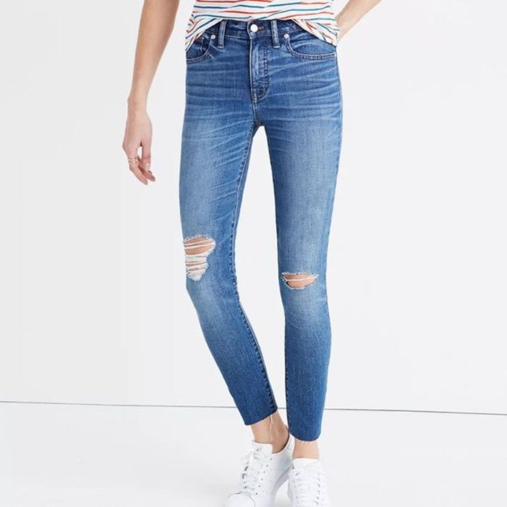 Madewell 9" High-Rise Skinny Crop Jeans in Bruce Wash Distressed Raw Hem Sz 28